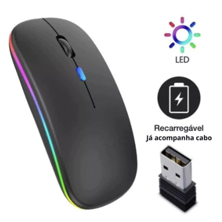 Mouse Sem Fio Recarregável Led RGB Clique Silencioso 2.4 Ghz Ergonômico Gamer Home Office