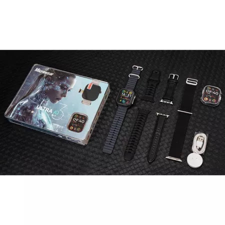 Smartwatch 5G+ Microwear Ultra 3 AI com Chip, Câmera, 4 Pulseiras, Película Capa case ,Celular de pulso, 16GB e 2 de RAM