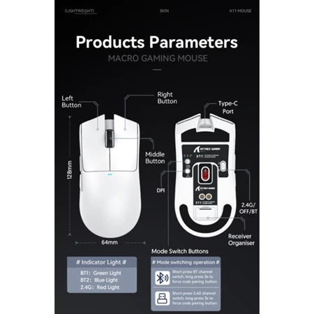Mouse Attack Shark X11 Sem Fio Buletooth Três Modos 2.4G BT5.0 22000DPI Recarregável RGB Para Jogos PC